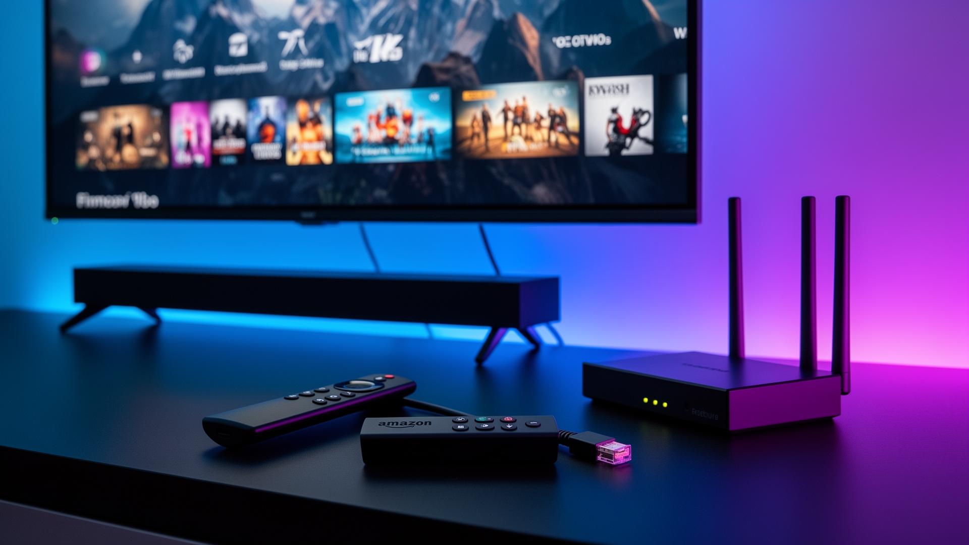 Modern streaming setup with 4K Smart TV, Firestick remote, ethernet cable and router on a dark surface with neon blue and purple lighting