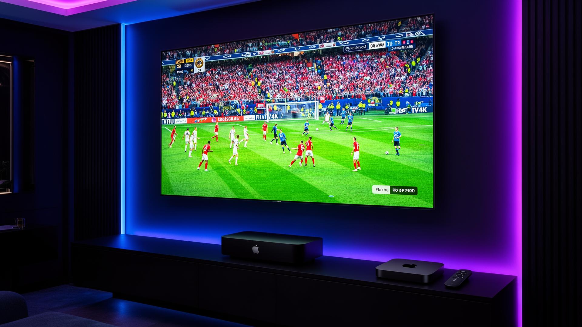 Live football match in 4K HDR on Apple TV 4K with neon blue and purple ambient lighting