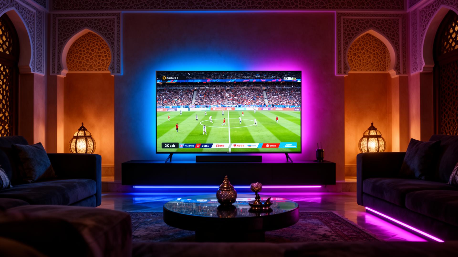 FluxTV — Streaming IPTV 4K dans un salon marocain moderne avec ambiance néon bleu et violet