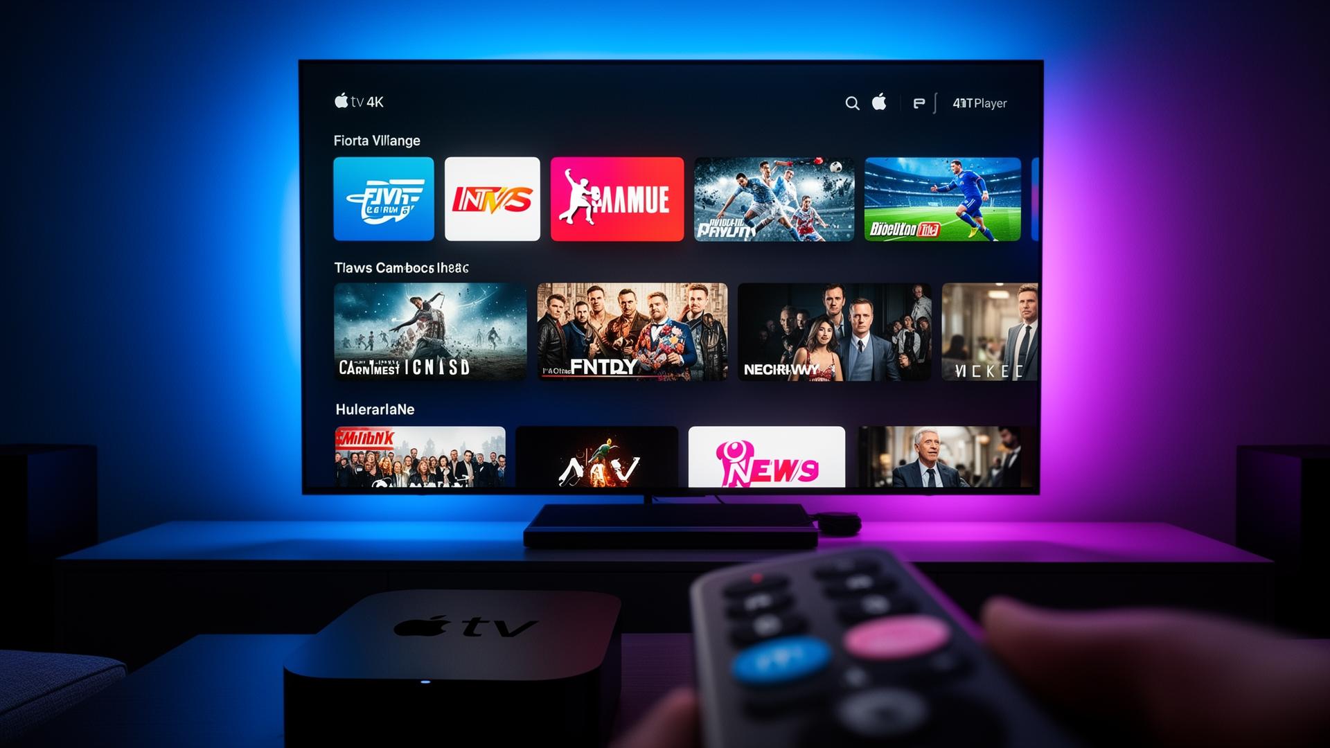 Apple TV 4K interface showing IPTV player apps with channel logos and live thumbnails