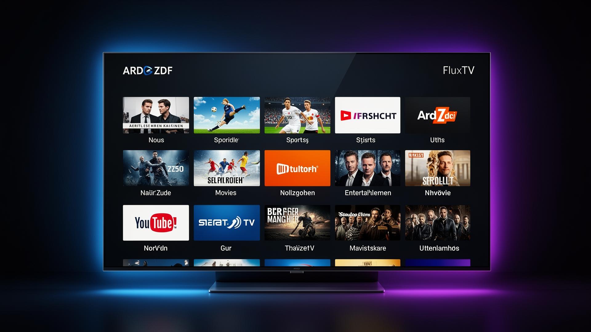 Smart TV Oberfläche mit deutschen Sendern — Nachrichten, Sport und Unterhaltung