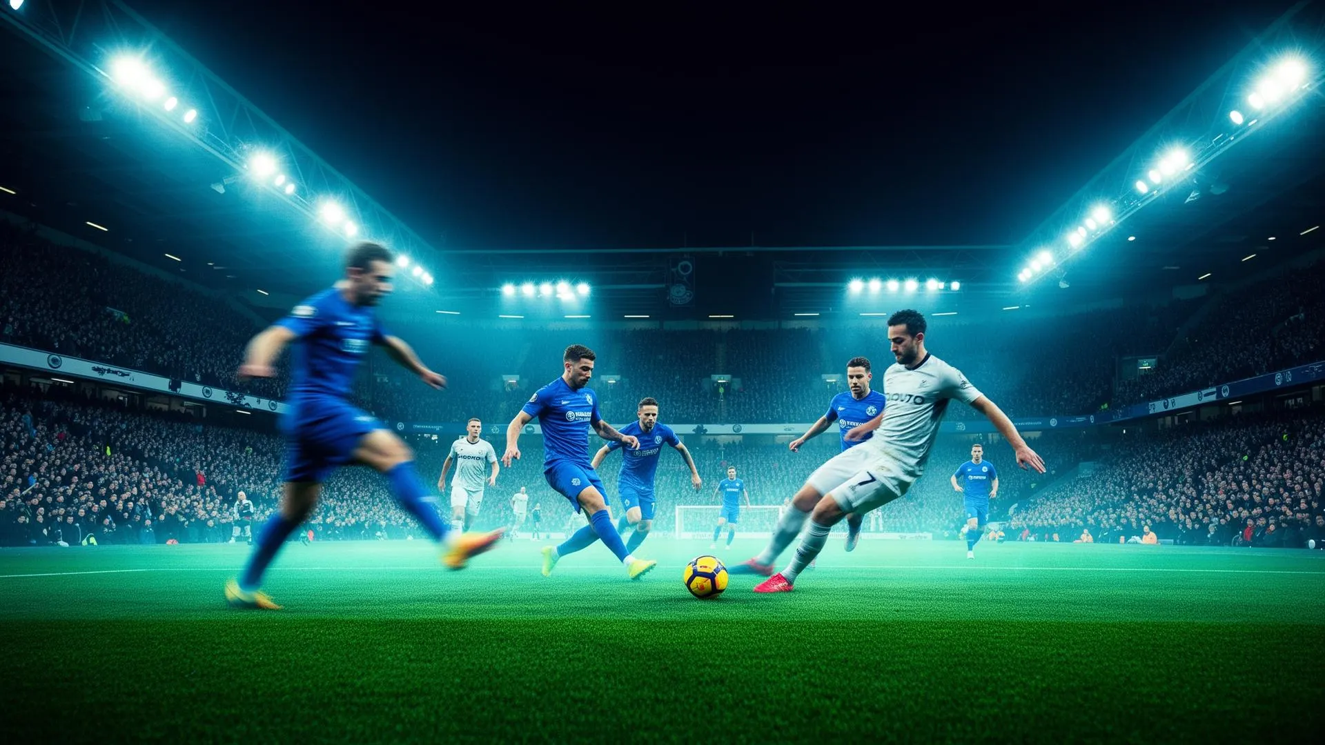 Premier League football match action in a packed UK stadium under floodlights — streamed in 4K with FluxTV