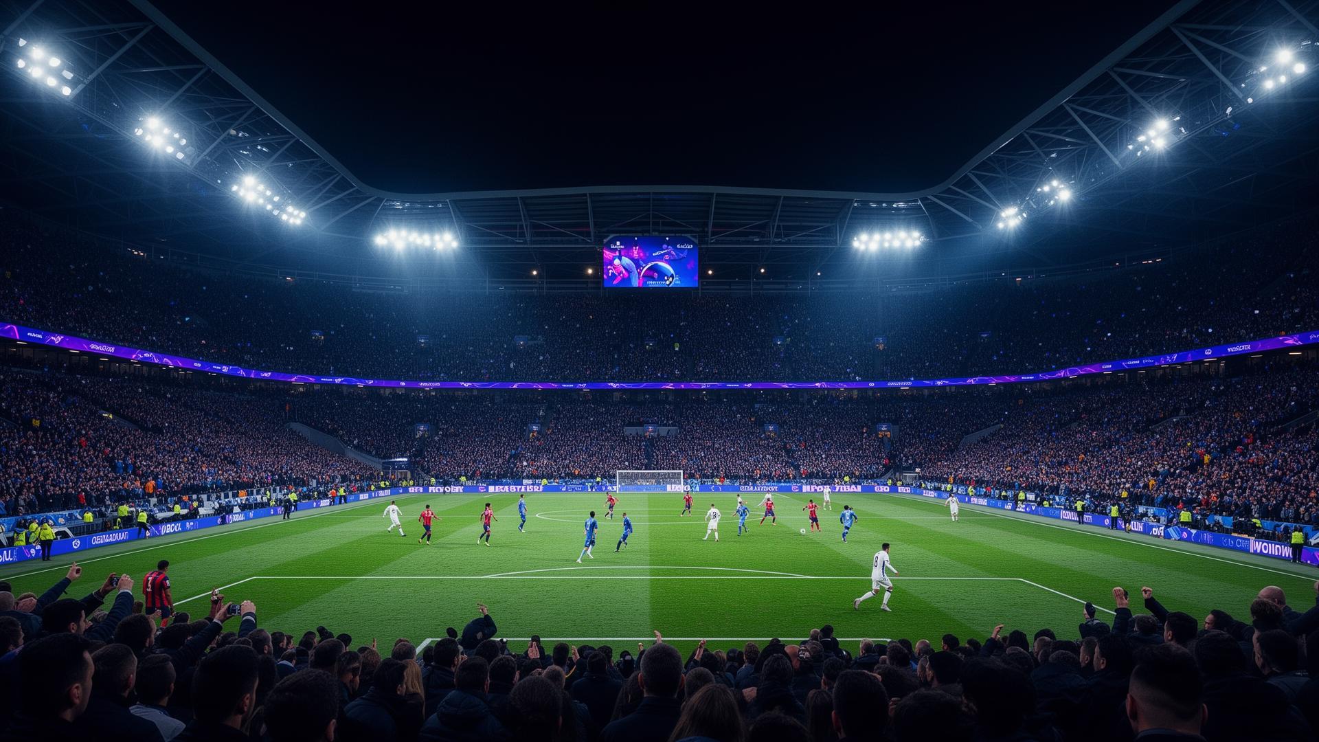 Stade de football illuminé la nuit — streaming sportif en direct 4K avec FluxTV au Maroc