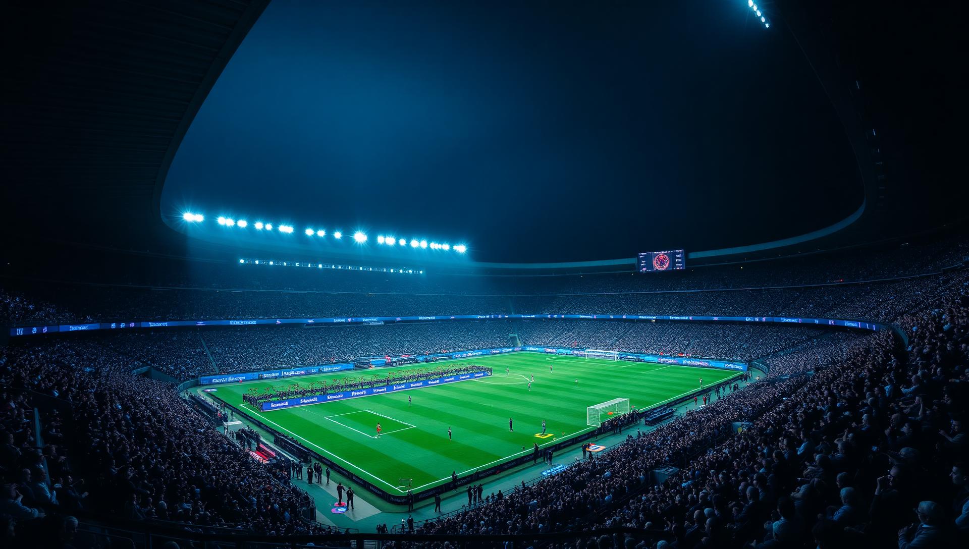 FIFA World Cup 2026 — modern stadium at night with floodlights and packed crowd