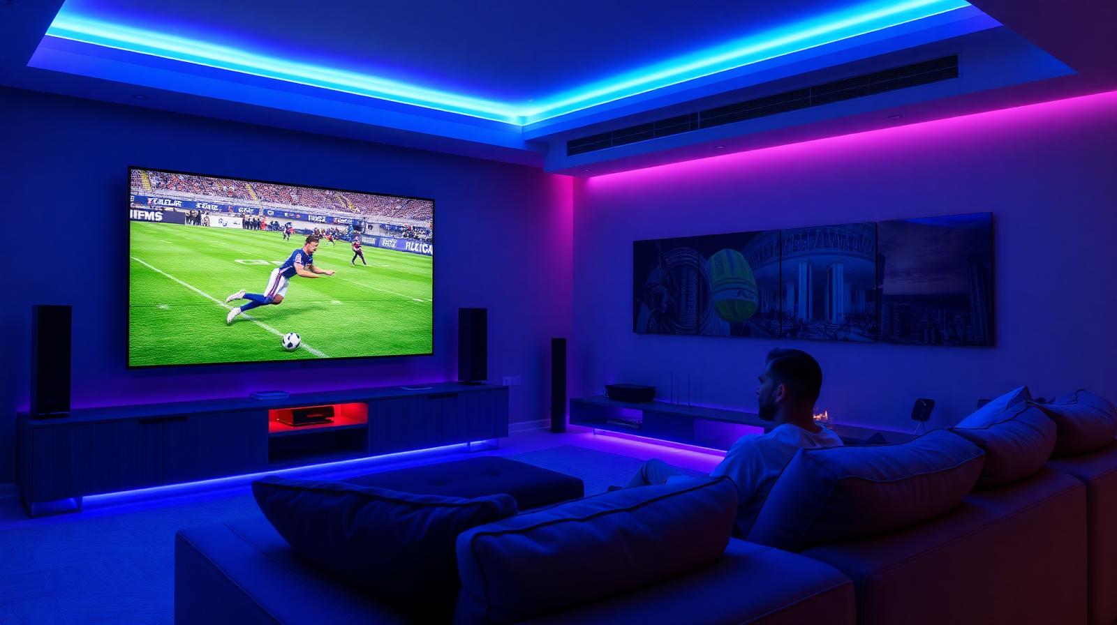 Modern living room streaming a World Cup match on 4K TV with neon ambient lighting