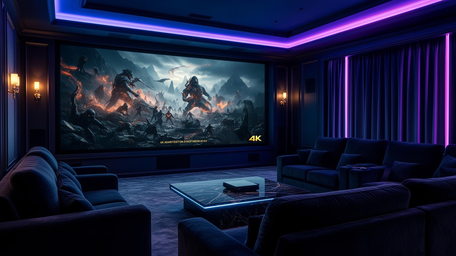 Cinematic Heimkino mit großem 4K Bildschirm — Filme und Serien streamen mit FluxTV