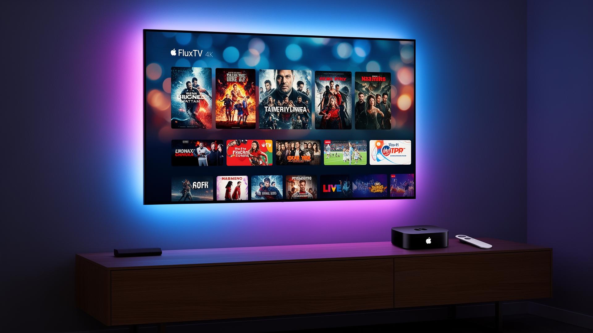 Premium 4K Apple TV streaming live sports and movies with FluxTV in a neon blue and purple living room