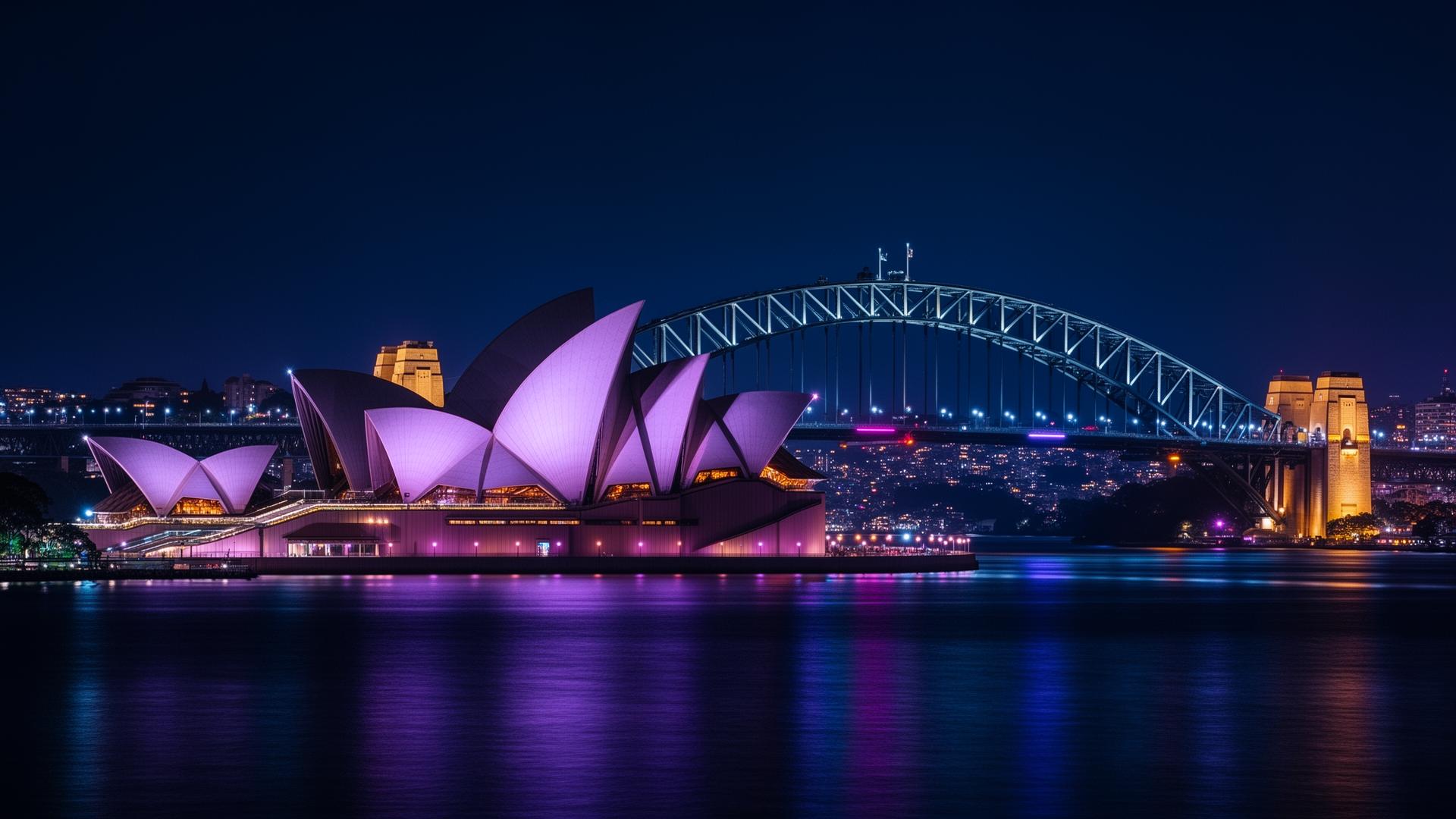 Sydney Opera House and Harbour Bridge at night — FluxTV streams Australian sports and channels in live 4K