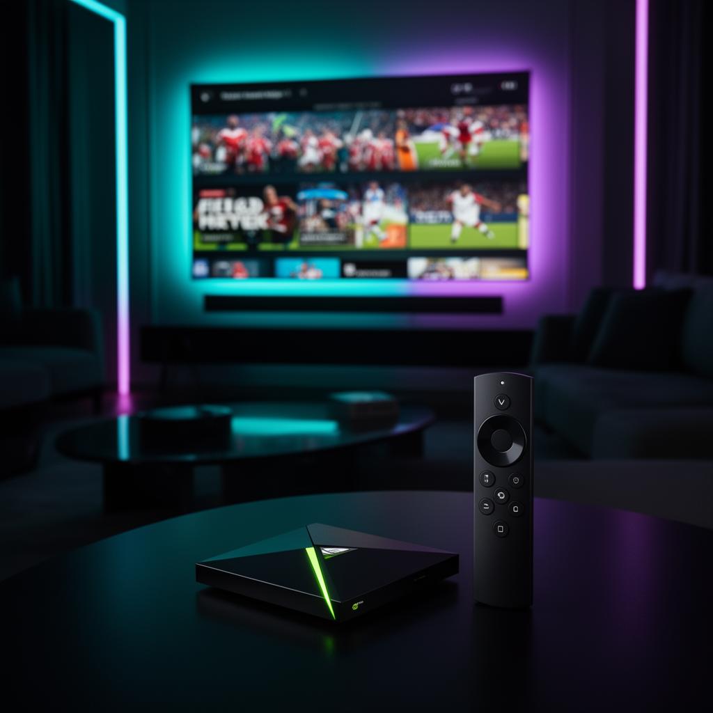 NVIDIA Shield TV Pro streaming 4K IPTV with FluxTV in a neon-lit premium living room